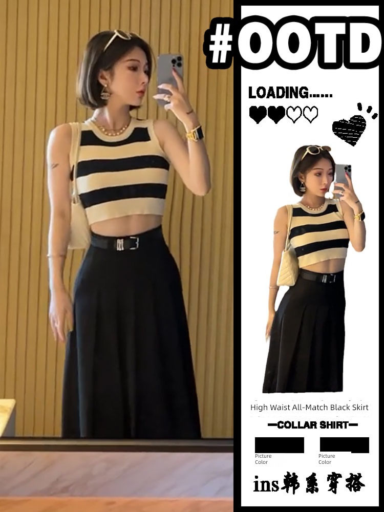black Sense of design Close your waist Show thin Pleat skirt
