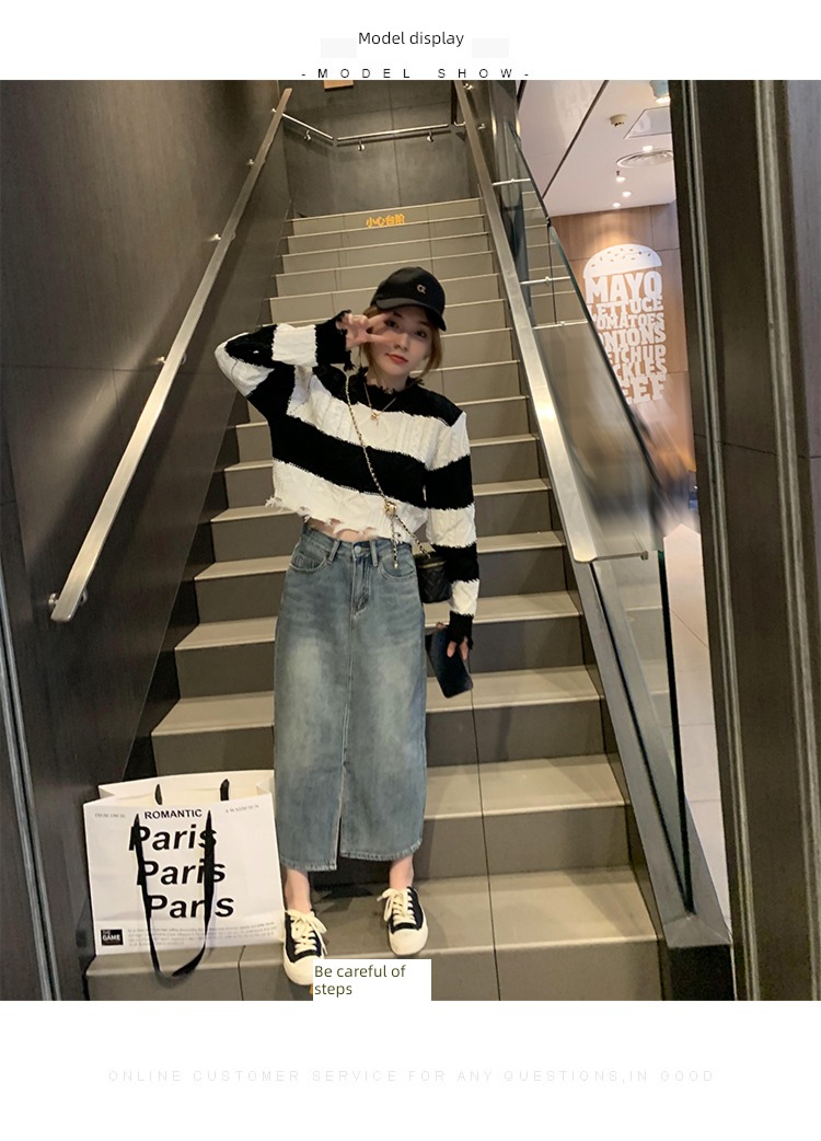 Languid High waist knitting easy Exposed navel Color matching sweater