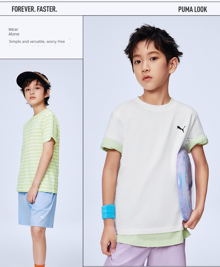 [Channel 2-Piece Set] Puma Children's Clothing 26 Kidsren's Short-Sleeved T-Shirt Fresh and Fashionable Pure Color Stripesd Sports T-Shirt — 17