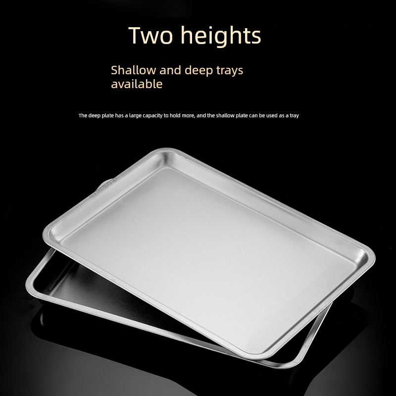 Thickened 304 Stainless Steel Tray, Flat-Bottomed Square Tray, Rectangular Commercial Steaming Tray, Food-Grade Barbecue Tray, Large Square Tray
