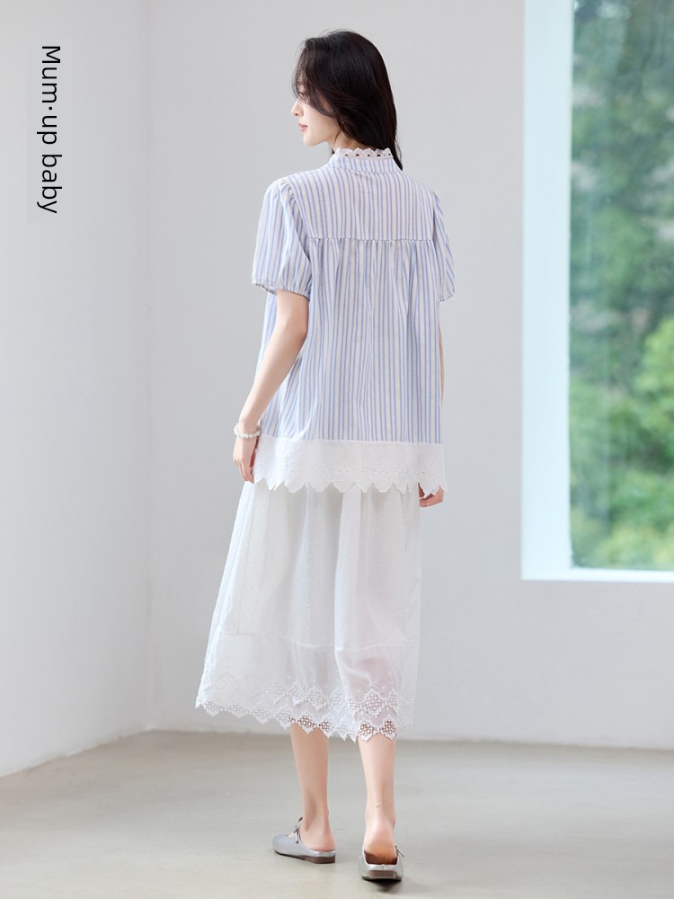Pregnancy Premium Maternity Set: Summer Outerwear for Pregnant Moms, High-End Outfit with Lace Patchwork Shirt and Skirt Two-Piece Set — 5