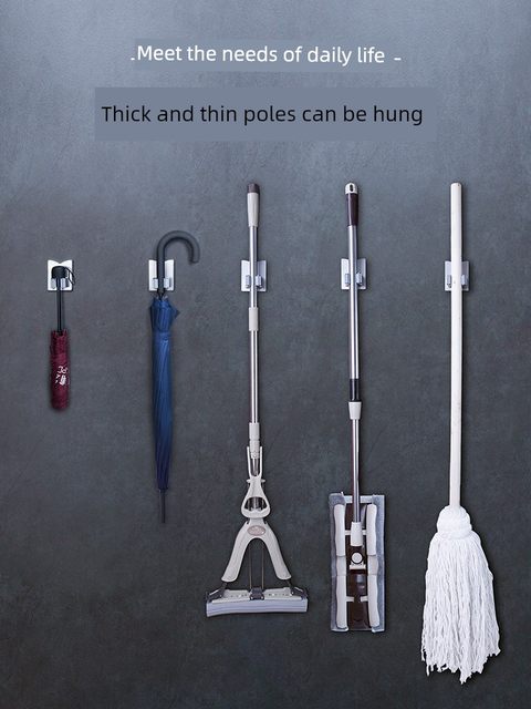 Mop hook without punching and powerful fixing and snapping bathroom broom rack mop clip stainless steel storage tool