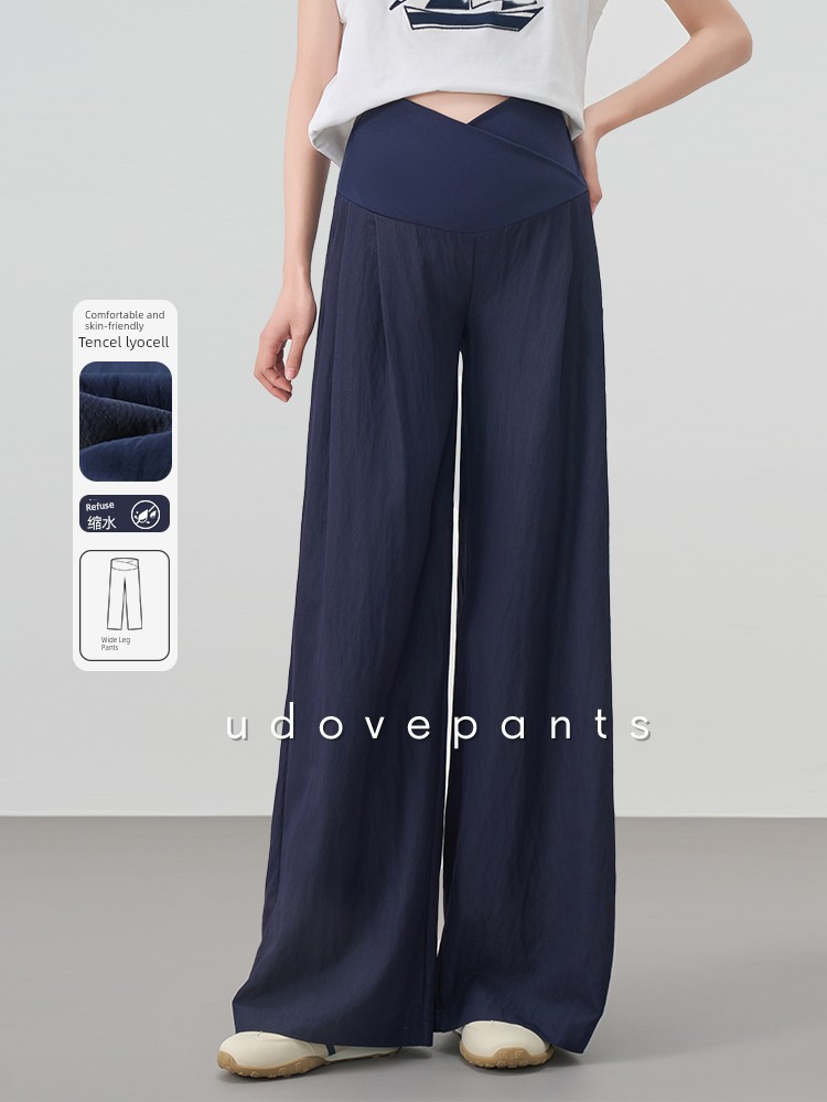 Maternity Pants for Summer 2026, Thin Tencel Wide-Leg Pants in Navy Blue, Low-Waist Yamamoto Style for Pregnant Women
