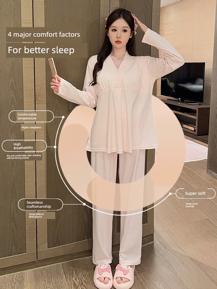 Simple Style Maternity Pajamas with Chest Pads, Pure Cotton, Thin Summer and Autumn Postpartum Nursing Sleepwear for Pregnant Women, All-Cotton for Autumn — 3