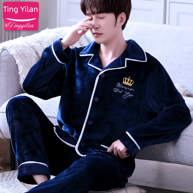 Autumn and winter thickening keep warm Flannel suit male pajamas