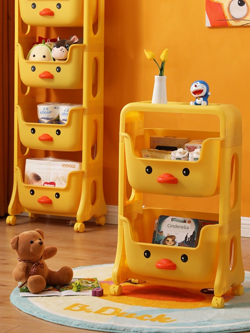 小黃鴨多層推車置物架兒童臥室床頭玩具儲物櫃可移動零食收納架