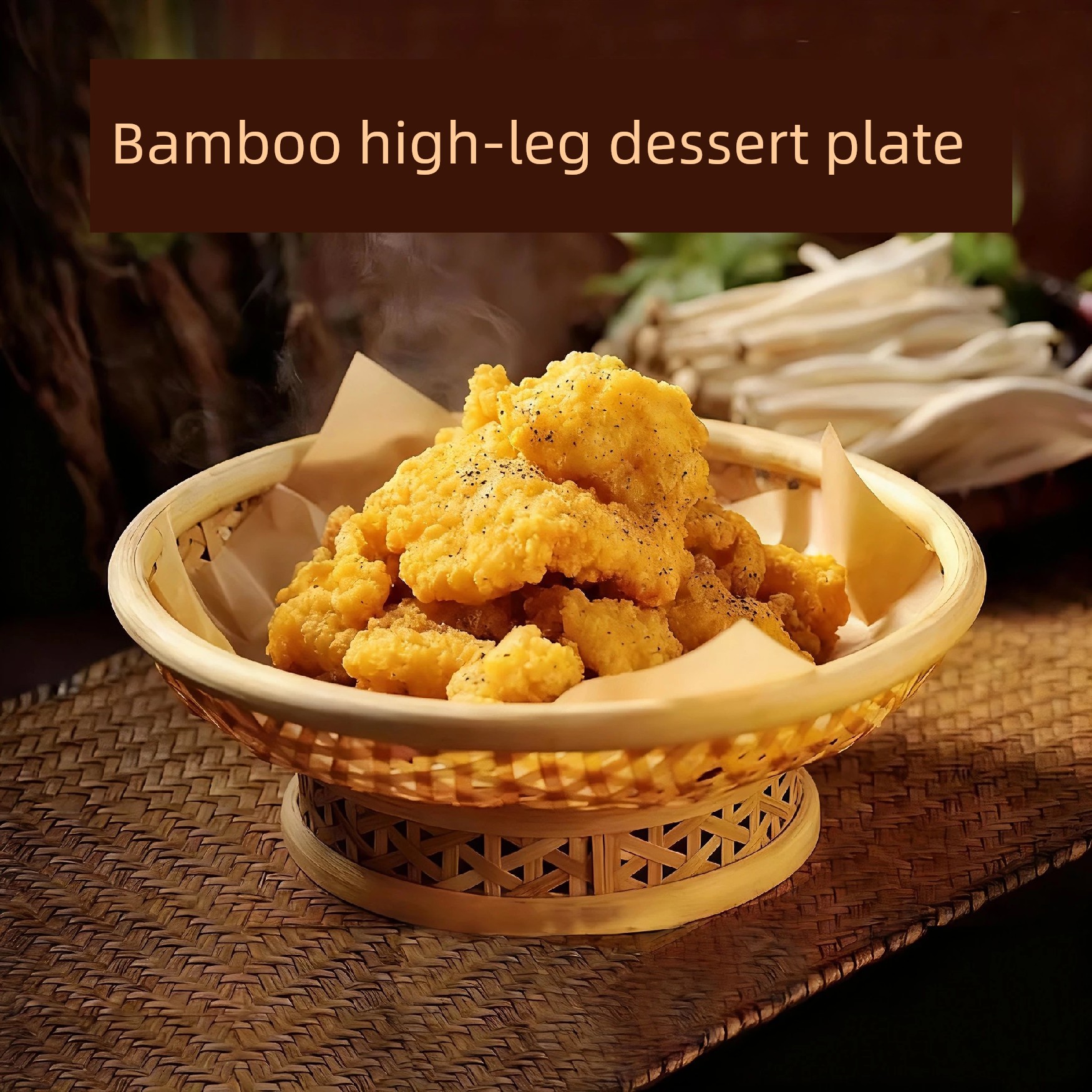 Farmhouse-Style Bamboo Woven High-Legged Round Plate, Specialty Basket Tray for Fruits, Food, Steamed Buns, Snacks, and Tableware