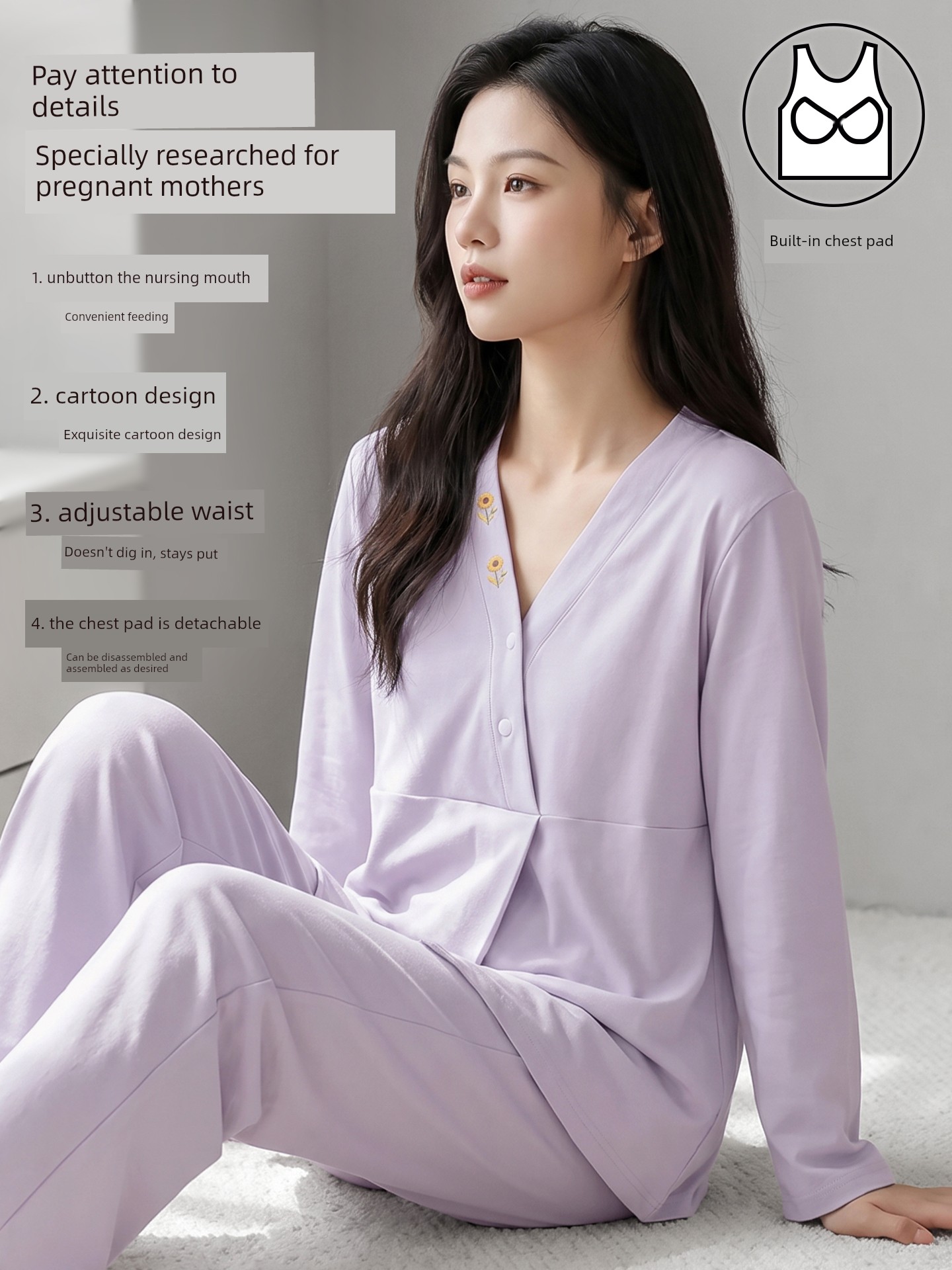 Hat with Chest Pad, Autumn and Winter Maternity Wear, Pure Cotton Nursing Pajamas, Spring and Autumn Postpartum Maternity Wear, Non-Tightening Home Wear — 3