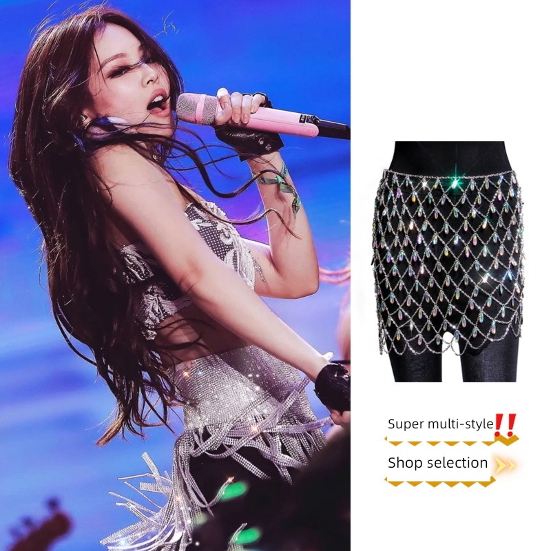 Jennie sexy Flash drill Tassel skirt Waist decorations stage