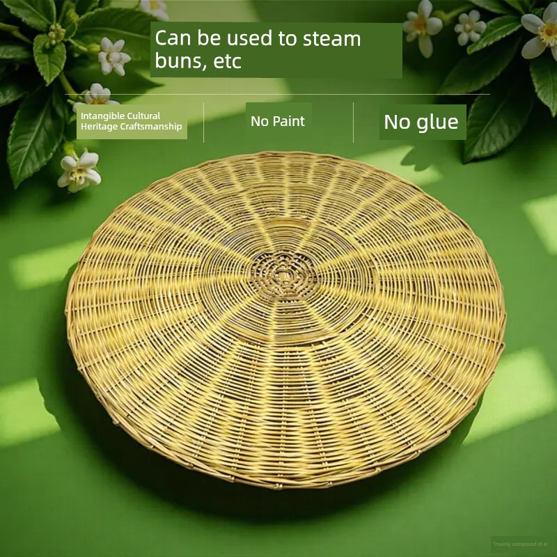 Bamboo Steamer Mat, No Paint, No Glue, for Steaming Buns, Chinese Traditional Handicraft, Handmade Bamboo Weaving, Round Shape, for Home Use