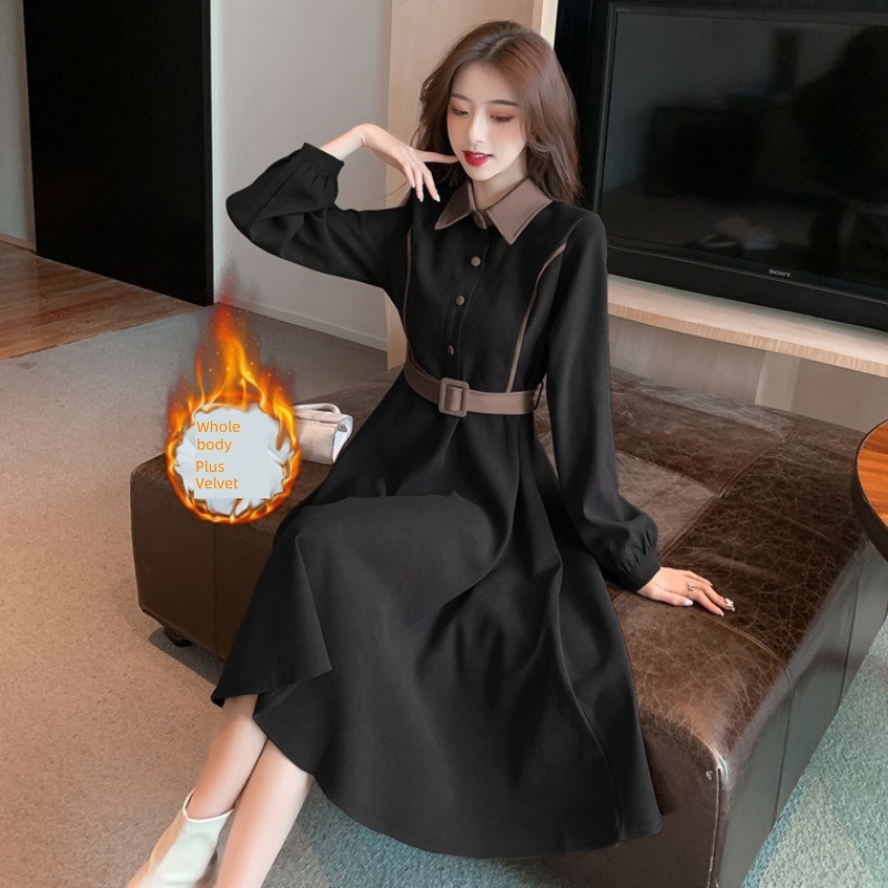 Autumn and winter corduroy thickening Little black dress high-end overcoat