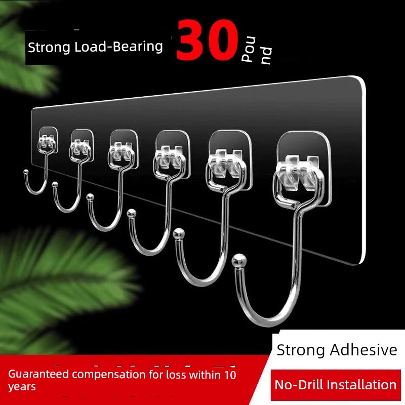 No-Drill Hooks for Kitchen Walls, Behind Doors, Clothes Hangers, Adhesive Hooks, Strong Adhesive, Bathroom, Row of Hooks, Traceless Hooks