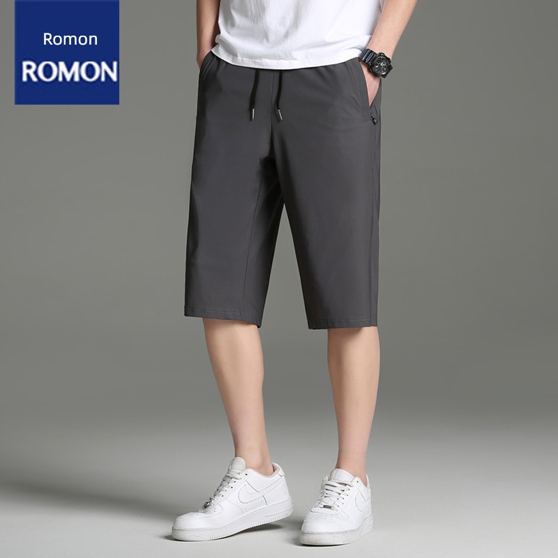 Romon Ice silk elastic force Big size leisure time quick-drying Cropped Trousers