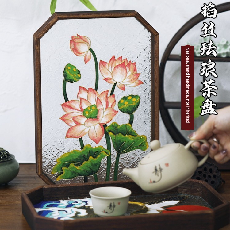 DIY Materials for Traditional Handcrafted Cloisonné Enamel Painting, Cloisonné Tea Tray, Glass Tray with Begonia Flowers for Mid-Autumn Festival
