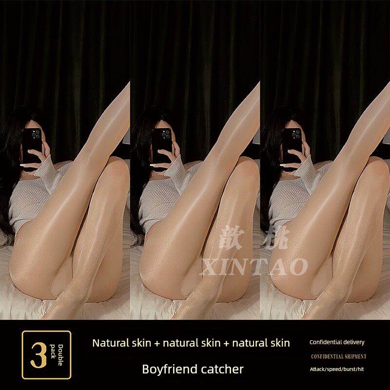 Horse Oil Stockings, Pure White Silk Pantyhose, Sexy Thin Anti-Snag Oil-Shine Black Stockings, Open-Crotch Lace — 5