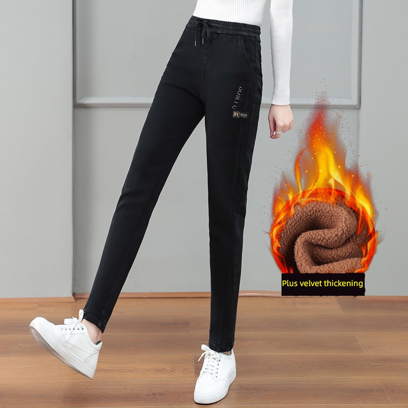 winter Women Elastic waist elastic force Plush Jeans