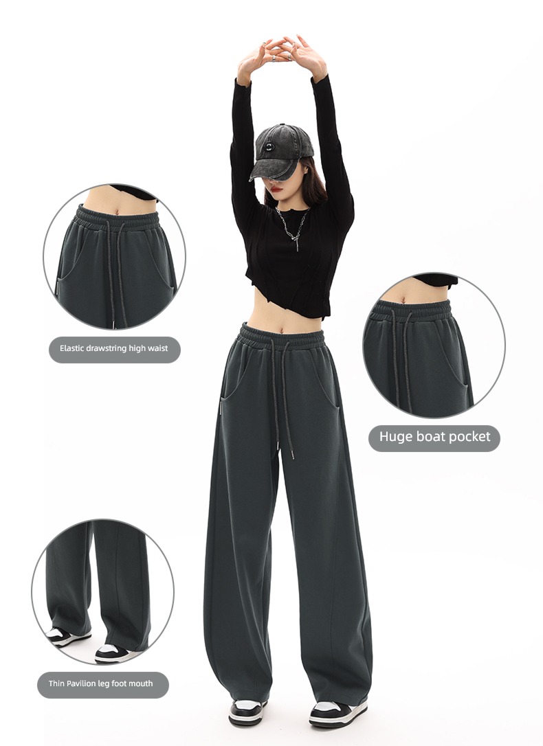 female Autumn and winter Broad leg ins Plush grey Sports pants