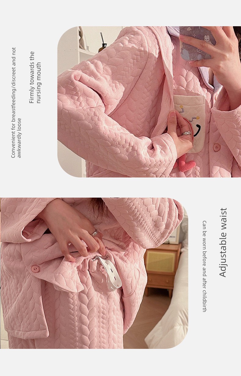 Maternity Pajamas Autumn and Winter Style Thickened Three-Layer Pure Cotton Warm Postpartum Nursing Home Wear Maternity Set — 7