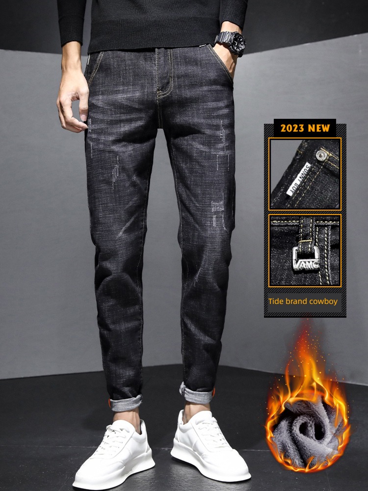 men's wear Plush thickening Self-cultivation Straight cylinder winter Jeans