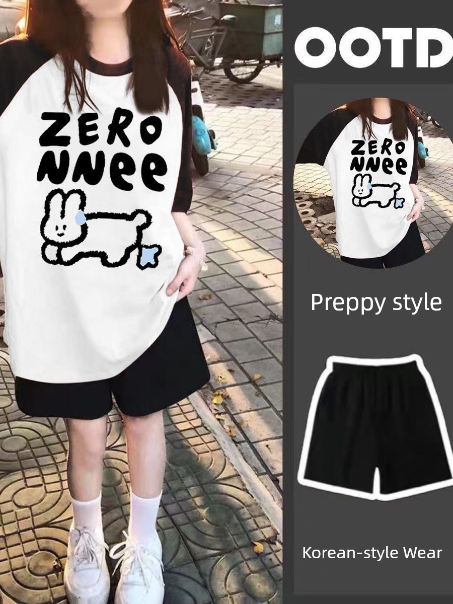 Girl Wear New Arrival Summer Two-Piece Suit Loose Short Sleeve T-shirt Top Sports Knee Length Shorts Ins Children's — 2