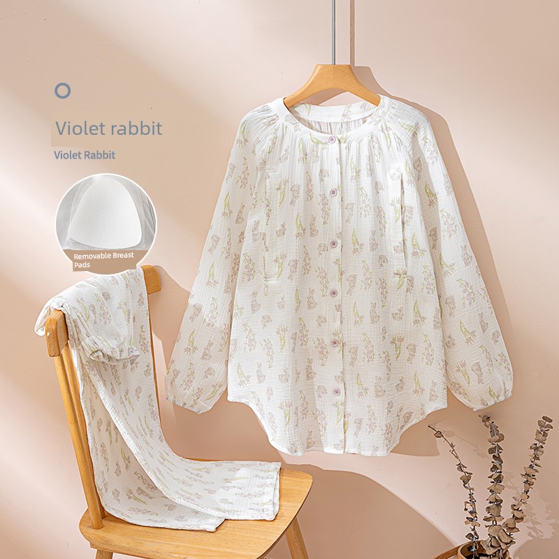Gauze Postpartum Clothing, Summer Thin Style, Double-Layer Pure Cotton Nursing Home Wear, Breastfeeding Maternity Pajamas for Women, Spring and Autumn — 5