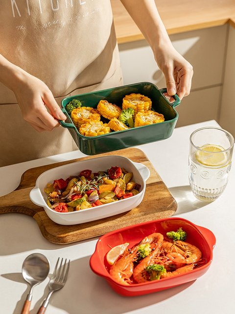 Modern Housewife Baked Rice Plate Ceramic Double-Ear Baking Bowl Household Microwave Plate Premium Baking Bowl Oven Special Bowl