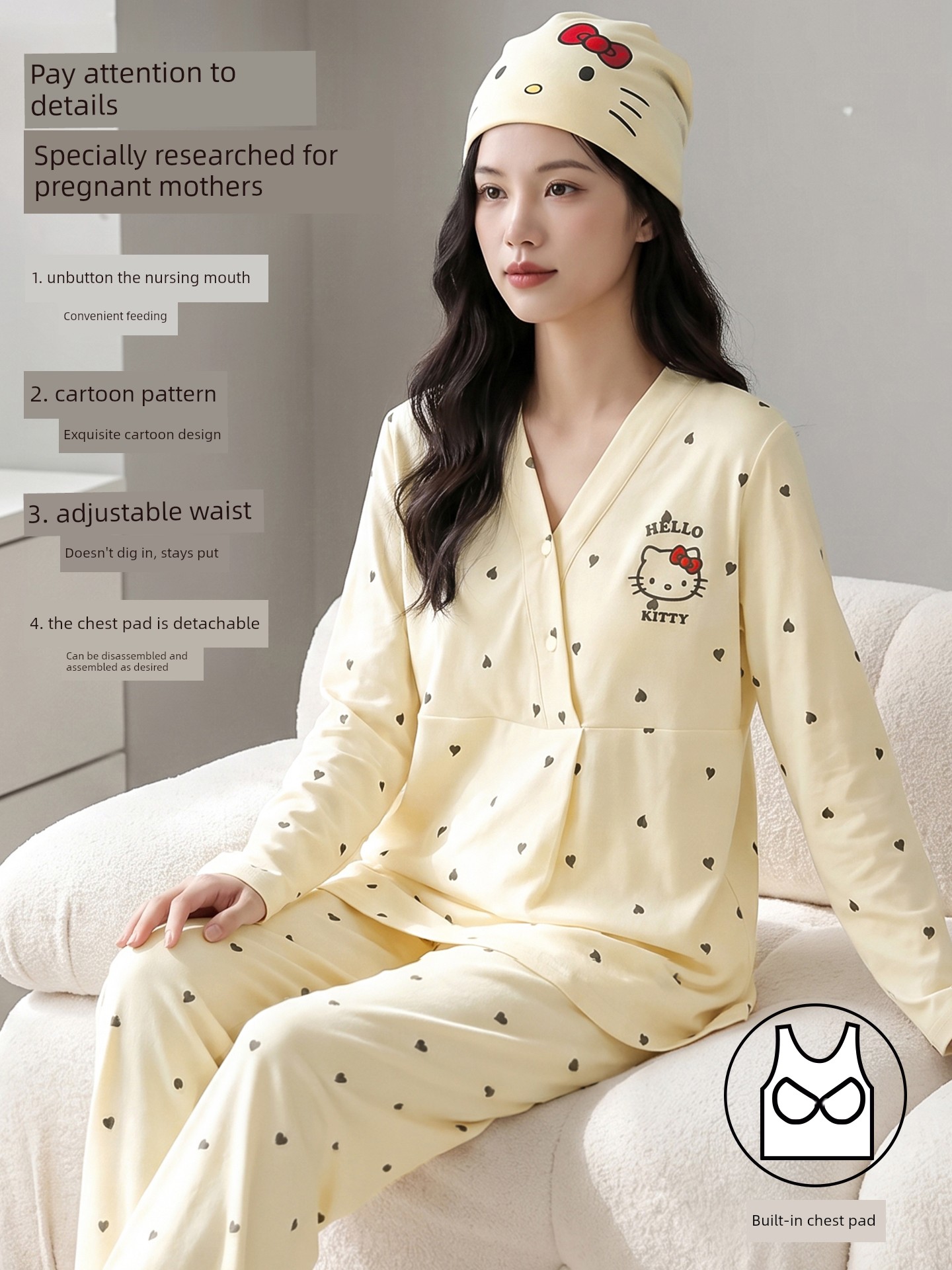 Anna Mommy's Pure Cotton Maternity Pajamas with Hat, Spring and Autumn Style, Nursing Sleepwear, Autumn and Winter Loungewear Set — 3