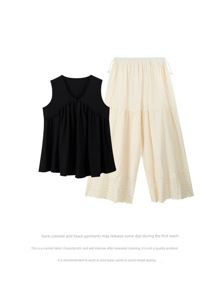 Muyuan Lion Maternity Summer Outfit Set: Hepburn-Style High-End V-Neck Sleeveless Top and Wide-Leg Pants Slimming Set — 1