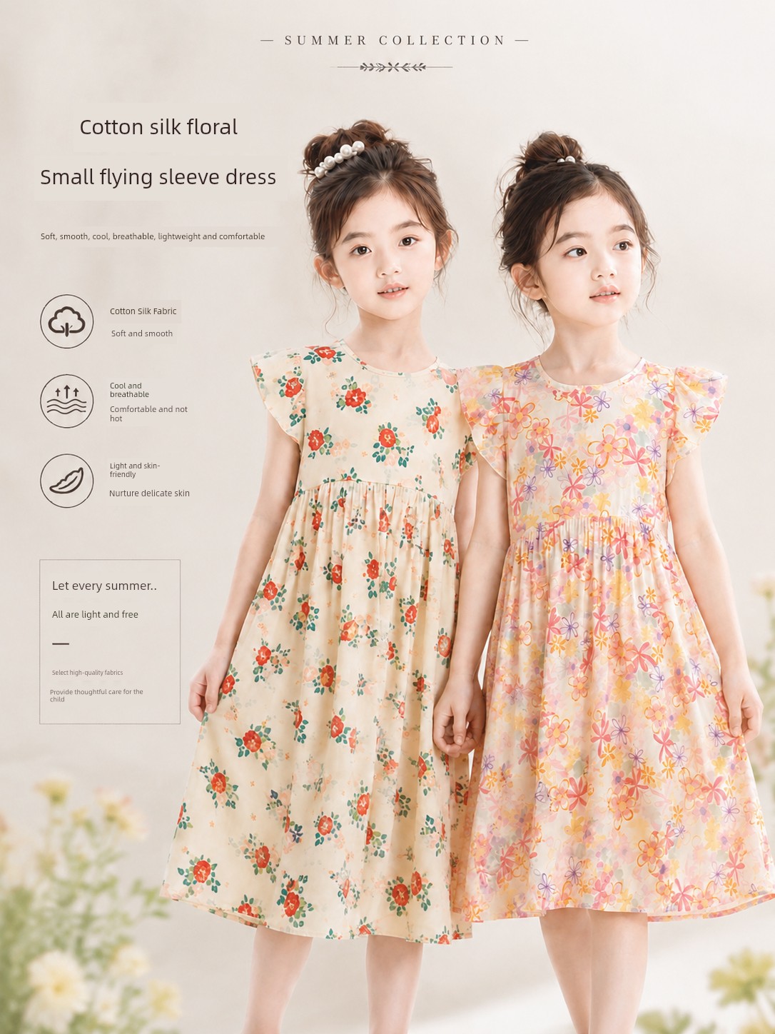 Summer Flying Sleeve Floral Children's Noil Poplin Dress — 3