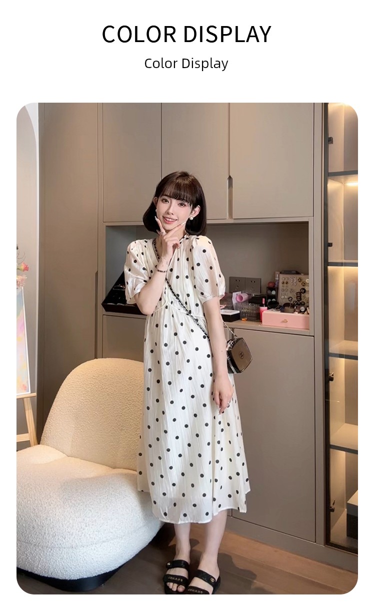 Cat Single【Tees River Romance】Nana's Maternity Wear: Stylish Polka Dot Long Dress for Summer — 4