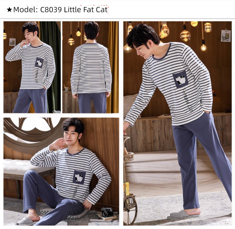 male Long sleeve Cotton Big size Autumn  summer suit pajamas