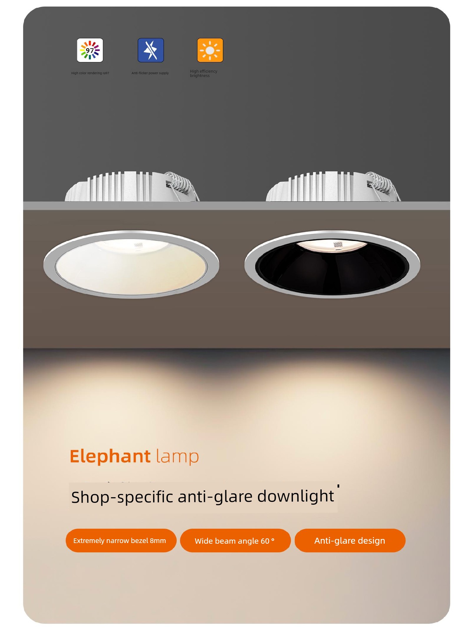 Commercial Clothing Store Led Downlight 30W Embedded Anti-Glare Bucket Light 4500K Dedicated 97 Cri 25W Opening 12