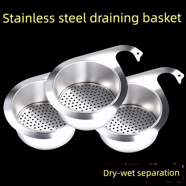 Stainless steel swan drain basket kitchen sink hanging drain rack wet and dry separation hook garbage washing filter basket