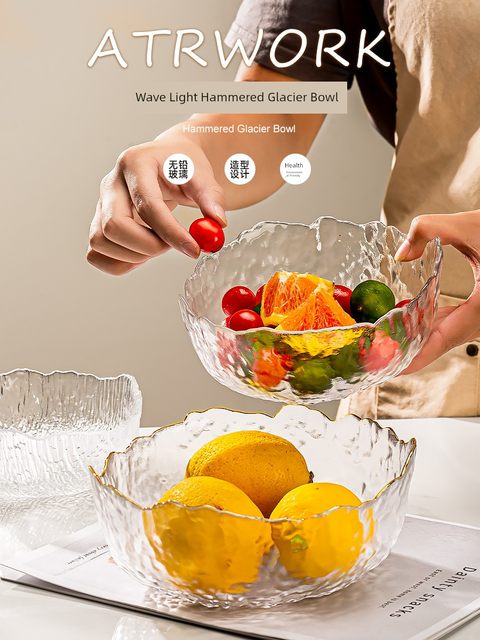 Japanese hammer pattern gold edge glass bowl salad bowl dish set home fruit plate creative Nordic style tableware dessert bowl