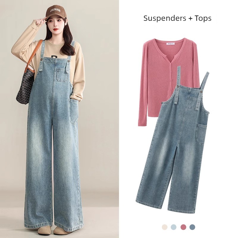 Maternity Denim Overalls That Don'T Squeeze the Belly, Loose-Fitting Plus-Size Pants for Autumn, Age-Reducing Wide-Leg Pants for Pregnant Women, Fall Wear — 4