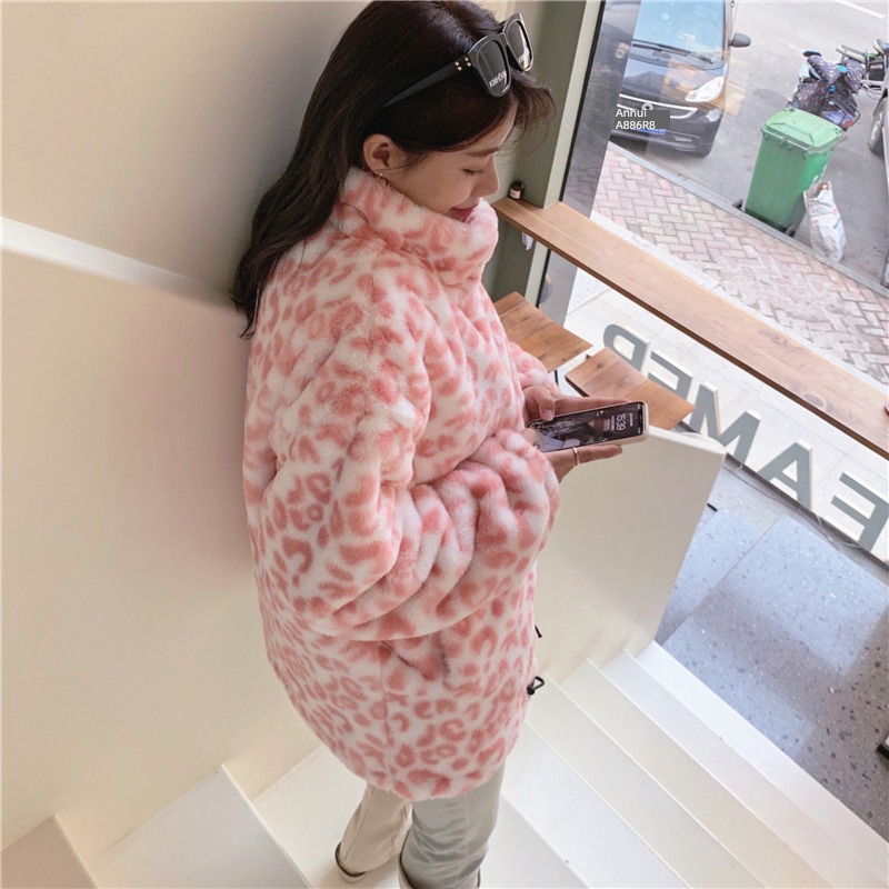 2022 new pattern winter Korean version lamb Leopard Print Plush have cash less than that is registered in the accounts overcoat Imitation Rex rabbit hair leather and fur Maomao loose coat female