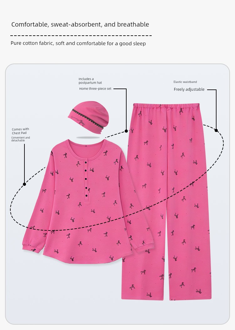 Maternity Pure Cotton Sweat-Absorbent Postpartum Clothing with Hat, Suitable for Spring and Autumn, Nursing Wear, Autumn and Winter Maternity Pajama Set, — 12