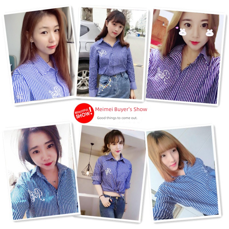 Pei Xiuzhi Same blue stripe Chiffon Long sleeve shirt