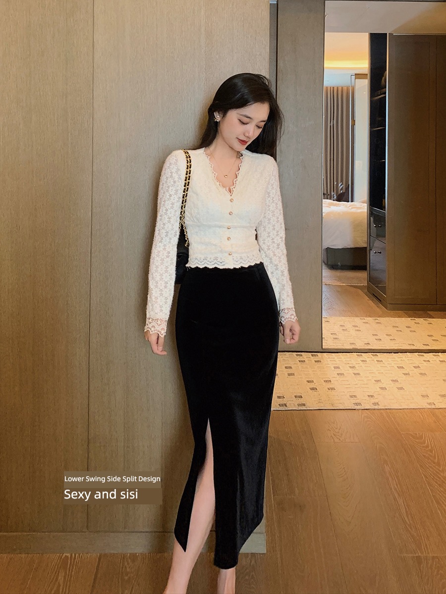 Retro black velvet Autumn and winter Medium and long term Half body skirt