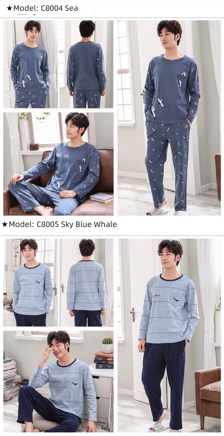 male Long sleeve Cotton Big size Autumn  summer suit pajamas
