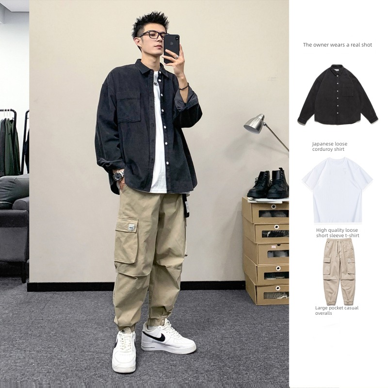 corduroy Korean version a set collocation solar system Long sleeve shirt