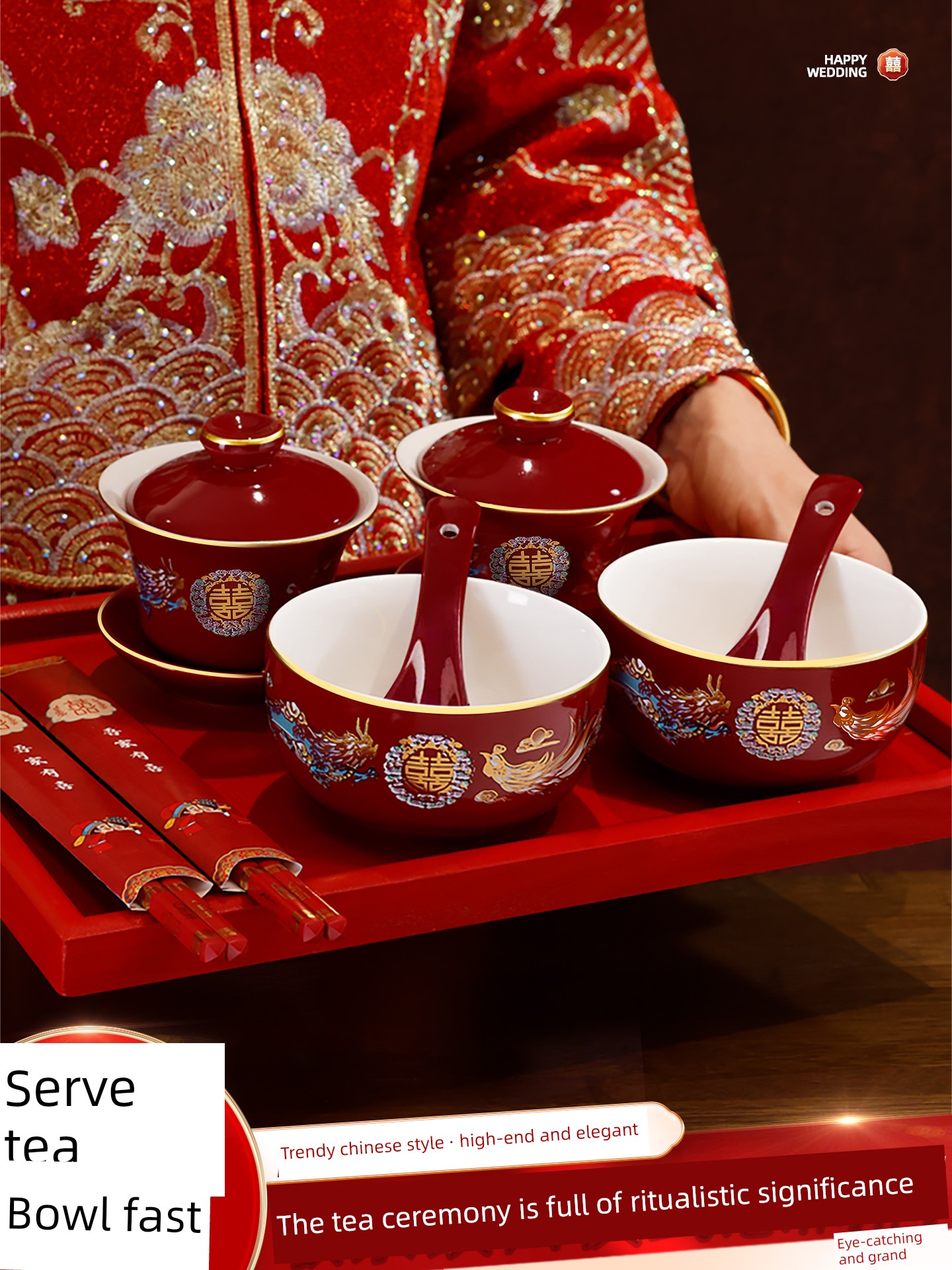 Wedding Tea Cups, Dowry Items, Toast Tea Cup Set, Wedding Bowls, Red Bowls and Chopsticks, Wedding Supplies