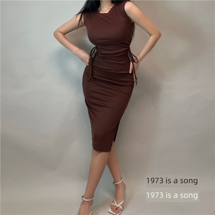 Europe and America Hollow out Bareback Self-cultivation Fork Vest skirt Drawstring