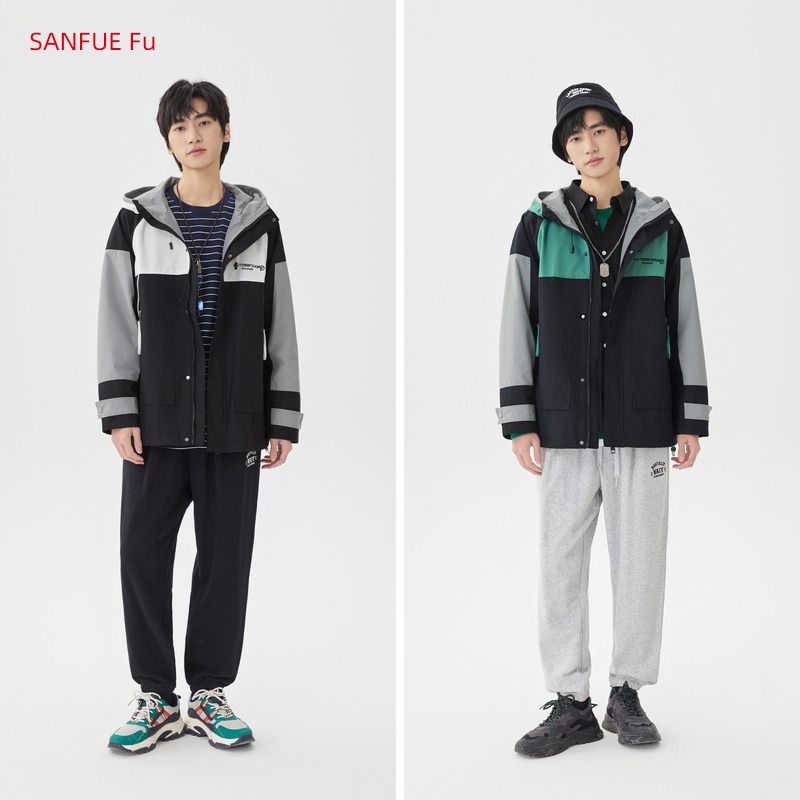 Sanfu spring Color contrast easy Splicing Hooded work clothes