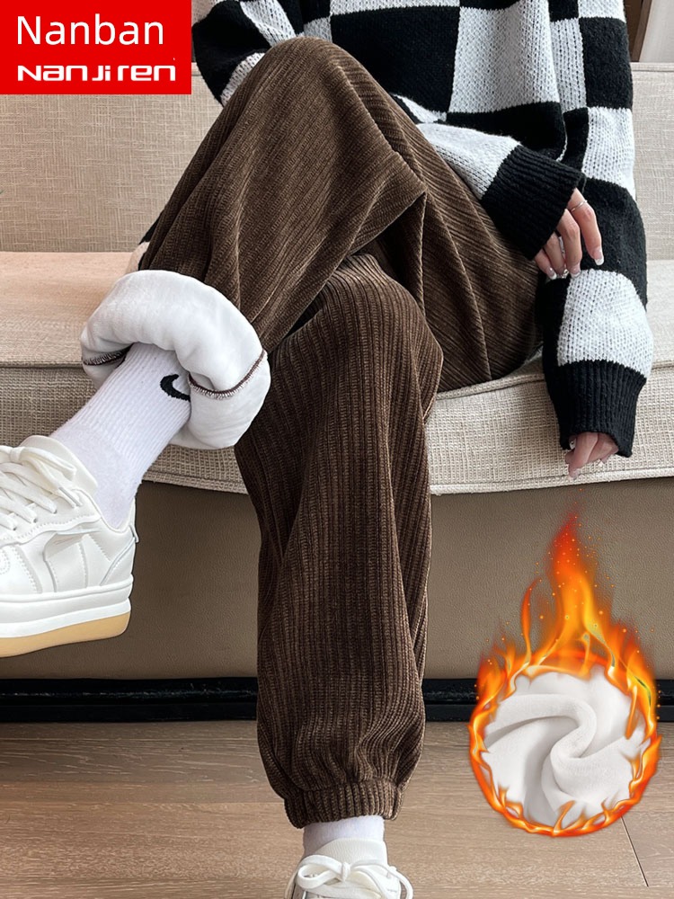 Dark coffee chenille  Tie one's feet leisure time Plush Sports pants