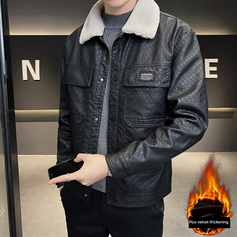 Chaopai Ruffian handsome Plush Flannel collar locomotive man leather clothing