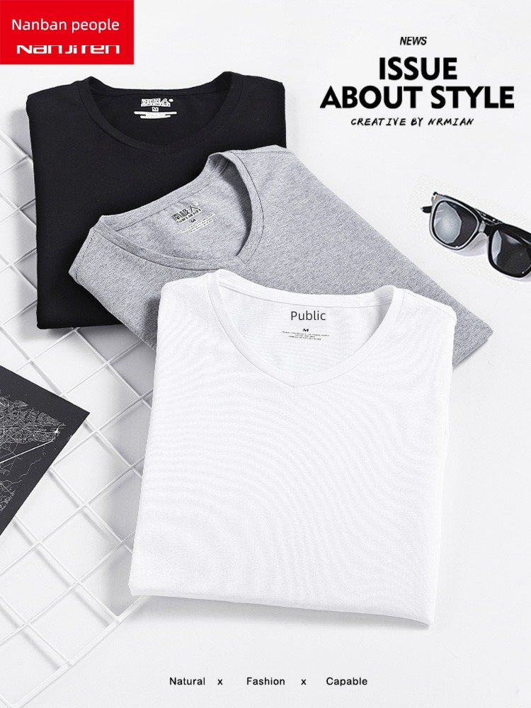 man Short sleeve white pure cotton Inner lap Autumn clothes V-neck T-shirt