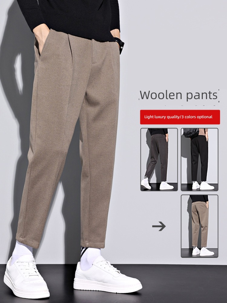 Nine points Wool Straight cylinder Spring and Autumn man Plush Western-style trousers