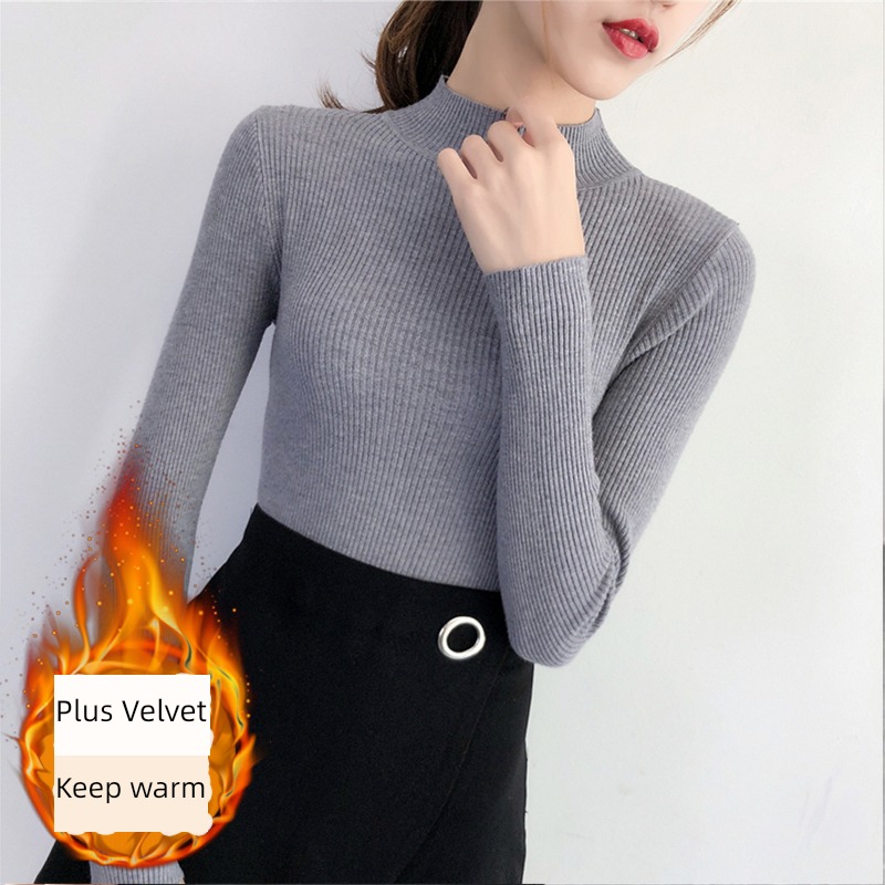 Plush thickening Inner lap keep warm Half high collar Tight fitting sweater