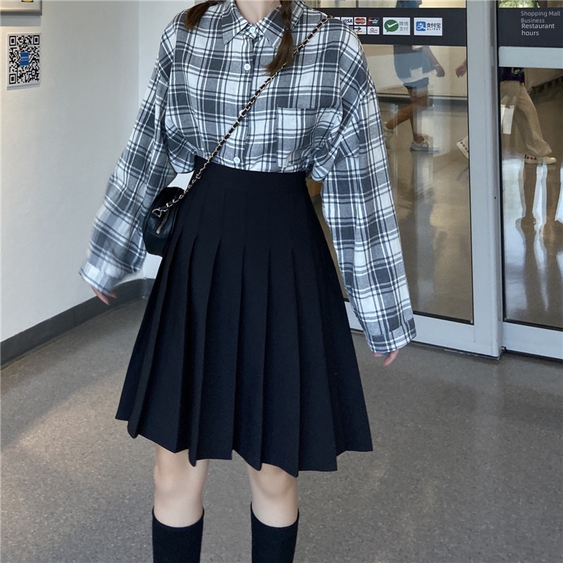 Big size High waist Medium and long term Fat mm Academic atmosphere Pleated skirt